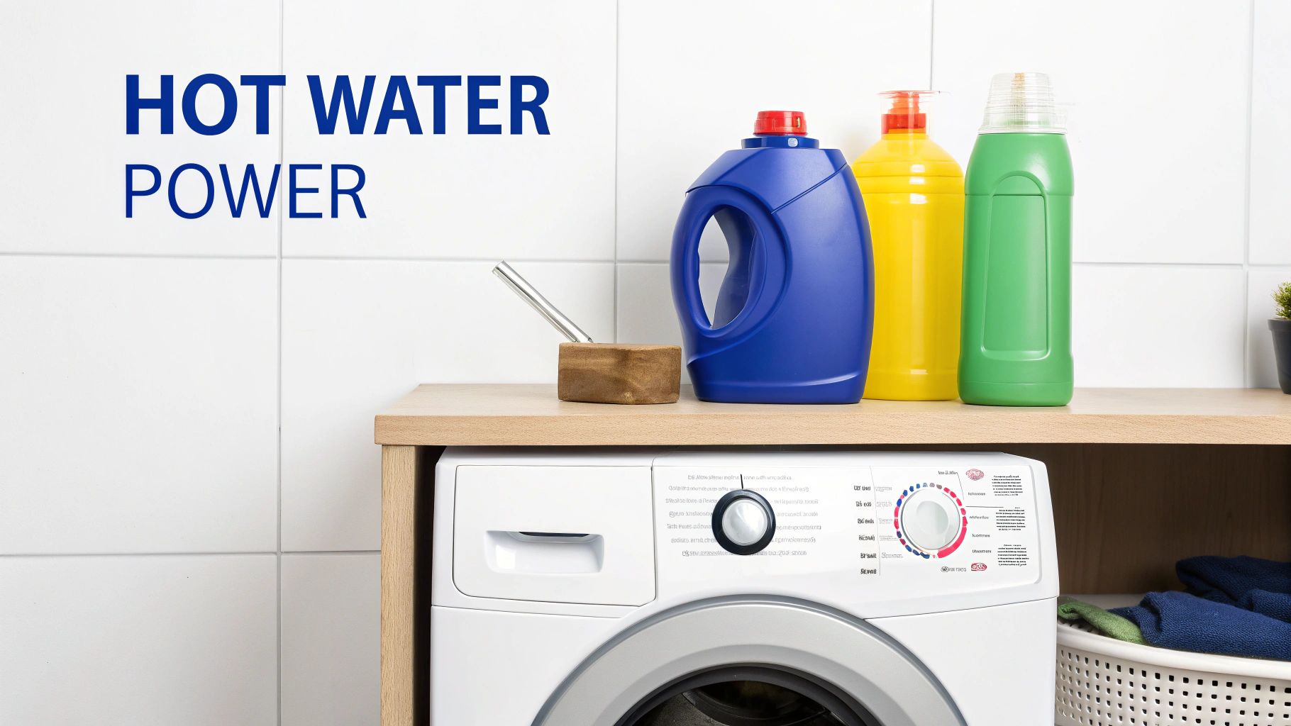 Laundry scene with a washing machine, colorful bottles of detergent, and the phrase "HOT WATER POWER".