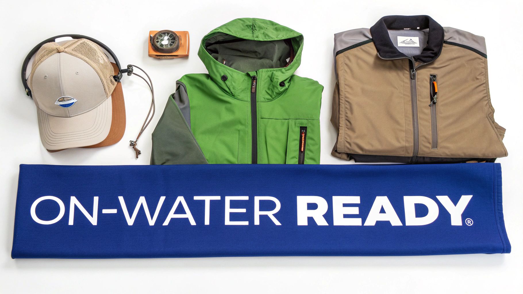 A flat lay of fishing apparel including a hat, headphones, compass, green jacket, brown vest, and 'ON-WATER READY' banner.