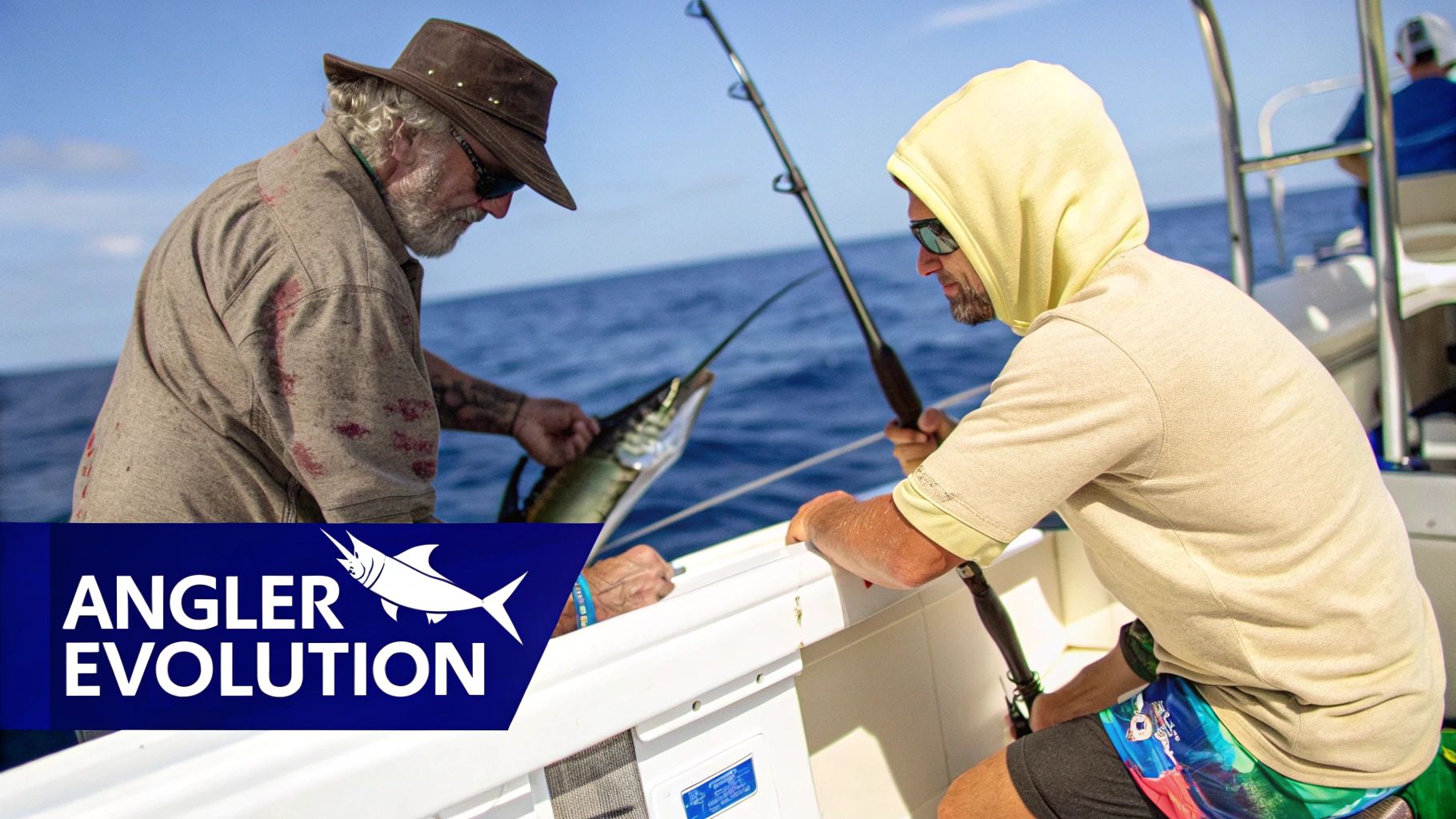 Two men on a boat, one holding a marlin, the other wearing a hooded fishing shirt, actively fishing.