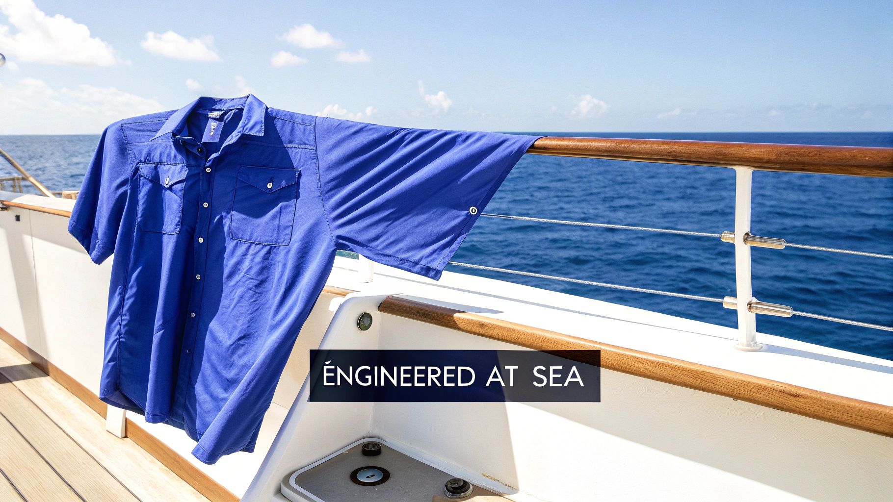 A blue short-sleeved shirt hangs on a boat railing with the ocean and blue sky in the background. Text reads 'ENGINEERED AT SEA'.