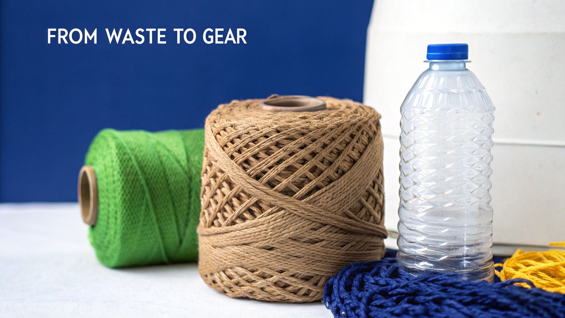 A fishing shirt laid out with plastic bottles to show what it is made of