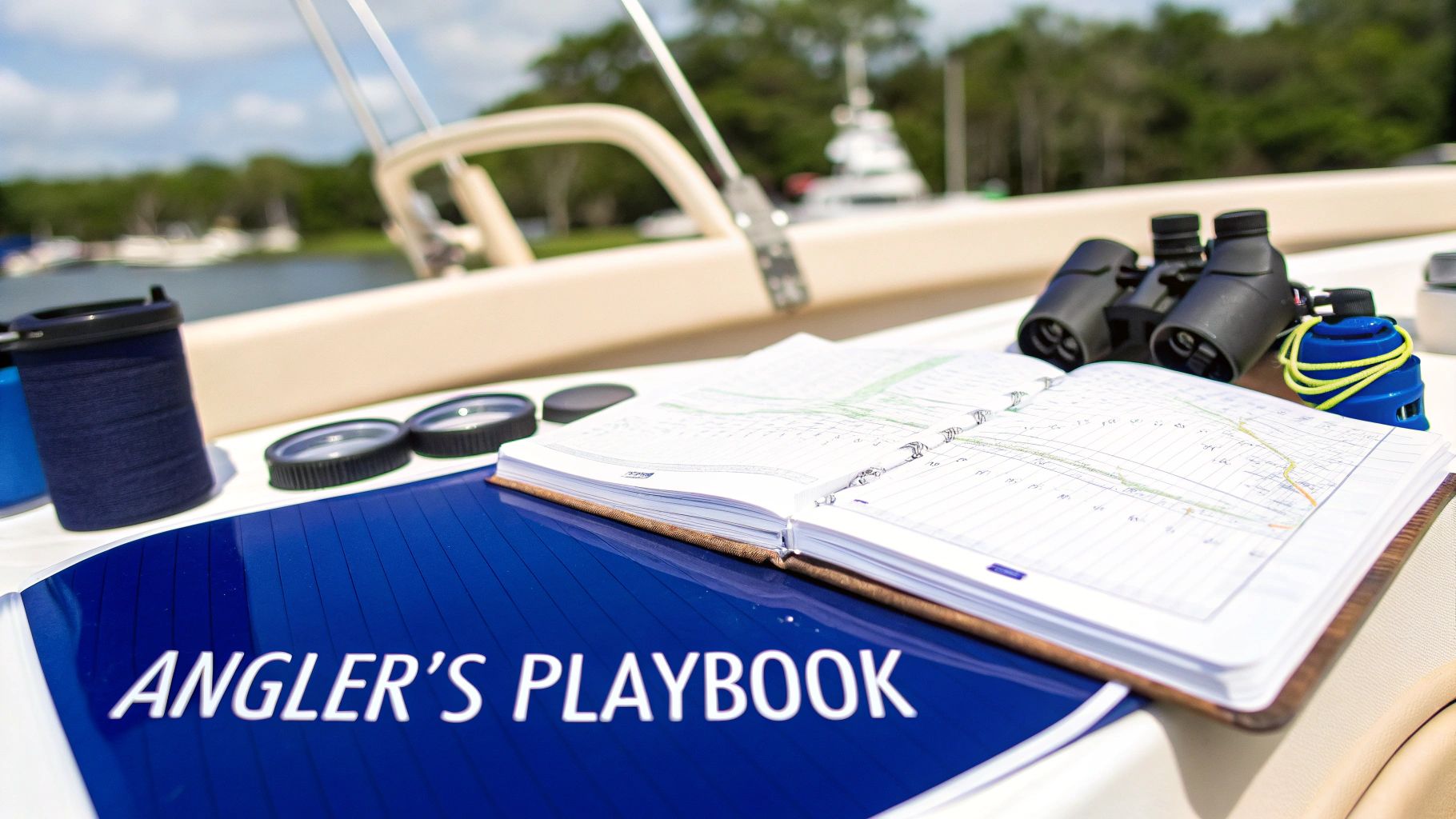 A blue folder labeled 'ANGLER'S PLAYBOOK', an open notebook, binoculars, and fishing gear on a boat deck.
