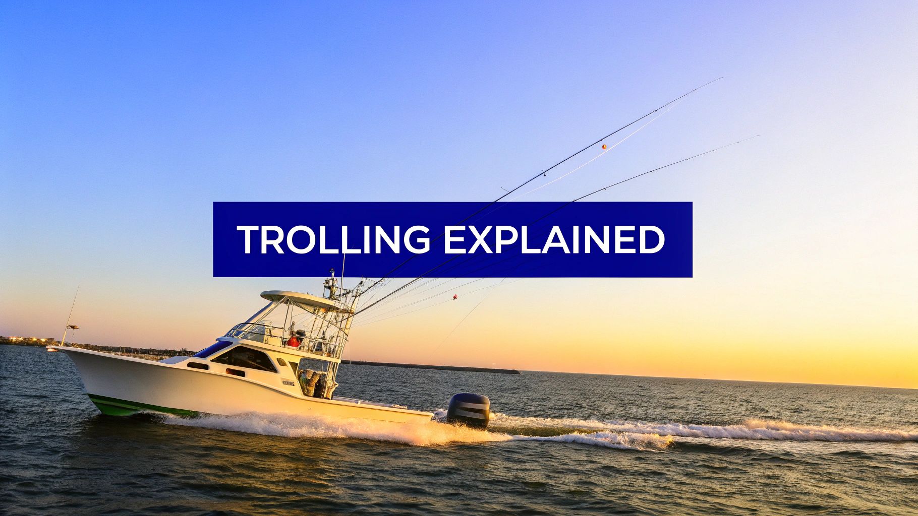 A fishing boat trolling with multiple lines in the water under a clear sky.