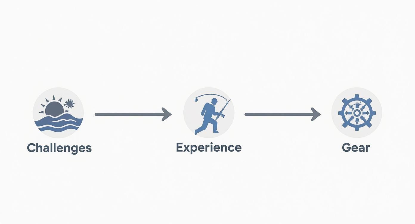 Flowchart showing Challenges leading to Experience, then to Gear, represented by icons and text.