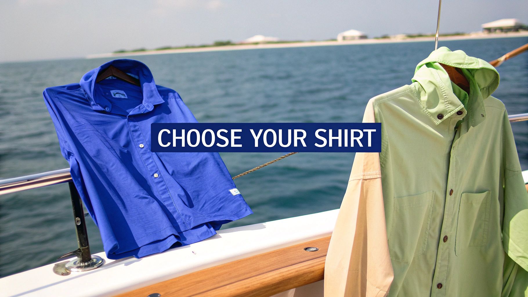 Two sun protection fishing shirts, one blue and one green, hanging on a boat railing with the ocean in the background.