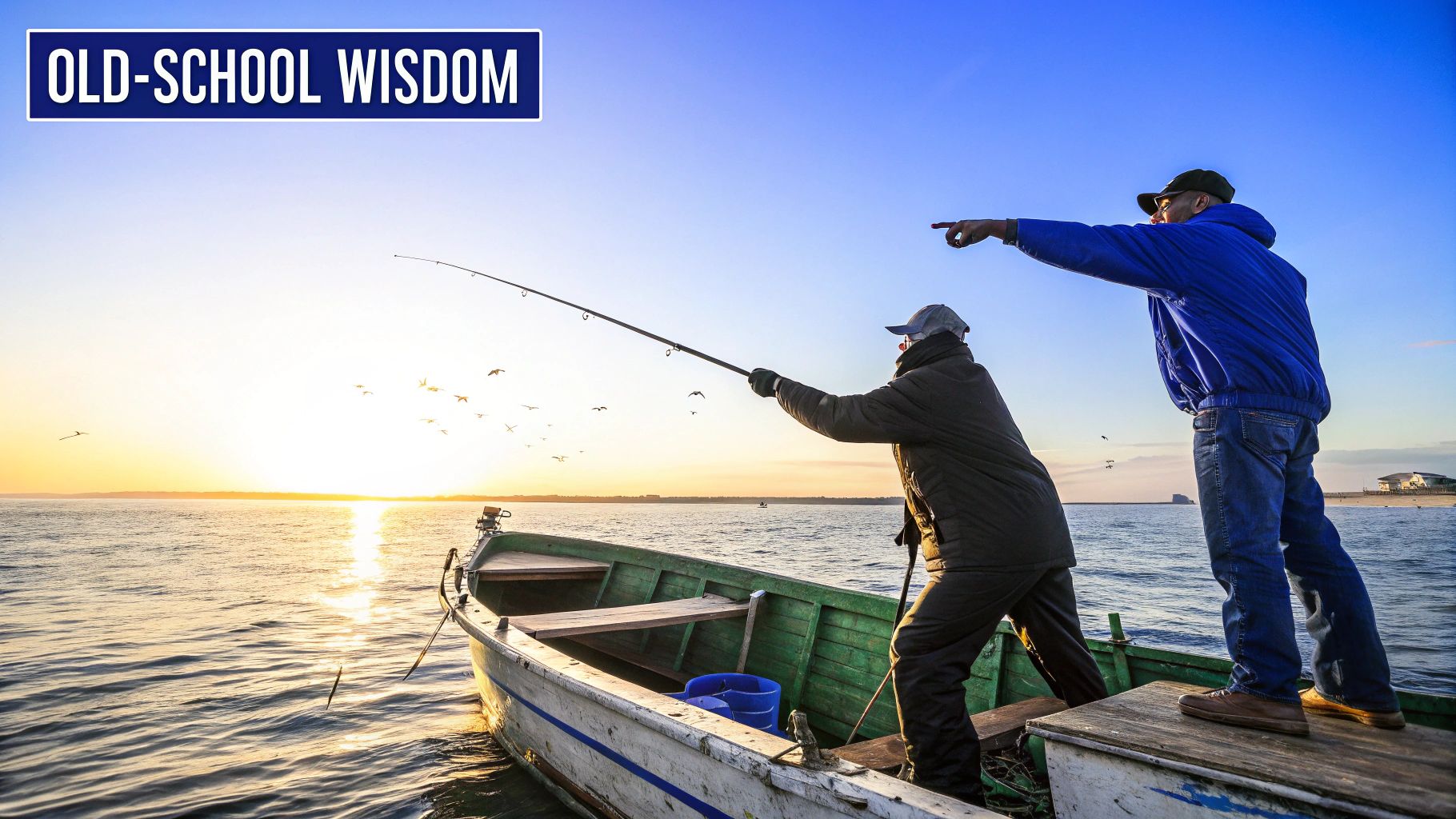 Vintage black and white photo of two men sportfishing on a boat