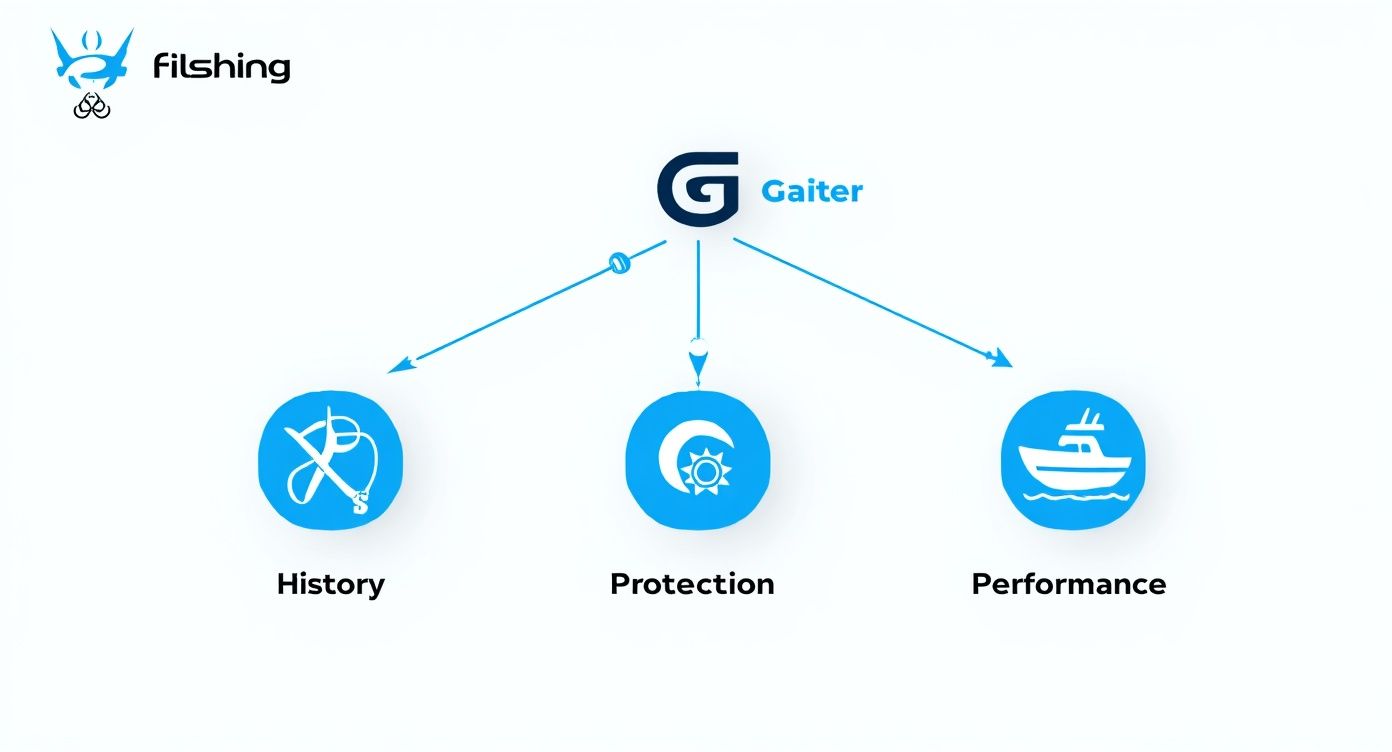 Diagram illustrating Gaiter brand connecting to three key features: History, Protection, and Performance, each with a relevant icon.