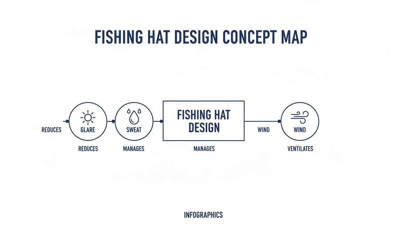 A concept map illustrating fishing hat design features: reducing glare, managing sweat, and ventilating wind.