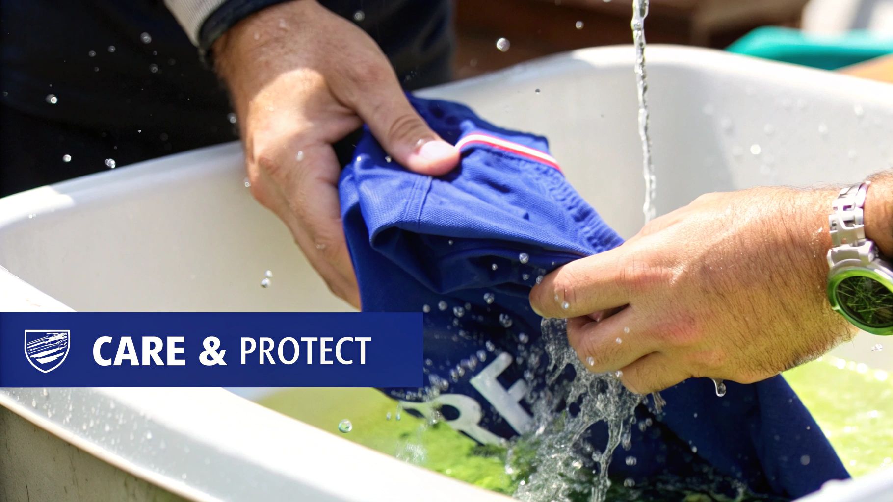 Hands washing blue fishing shirt under running water demonstrating care and protection maintenance