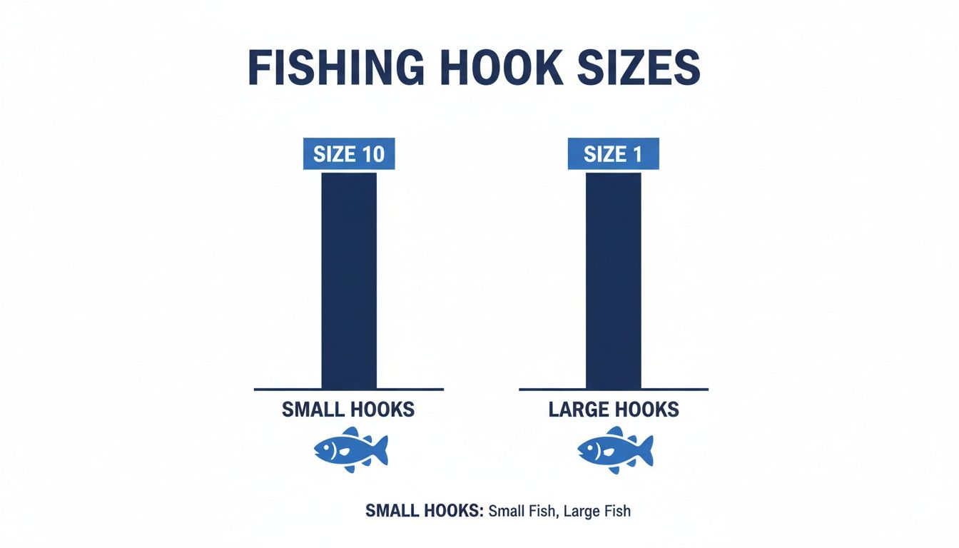 Infographic comparing fishing hook sizes, showing Size 10 as small hooks and Size 1 as large hooks.