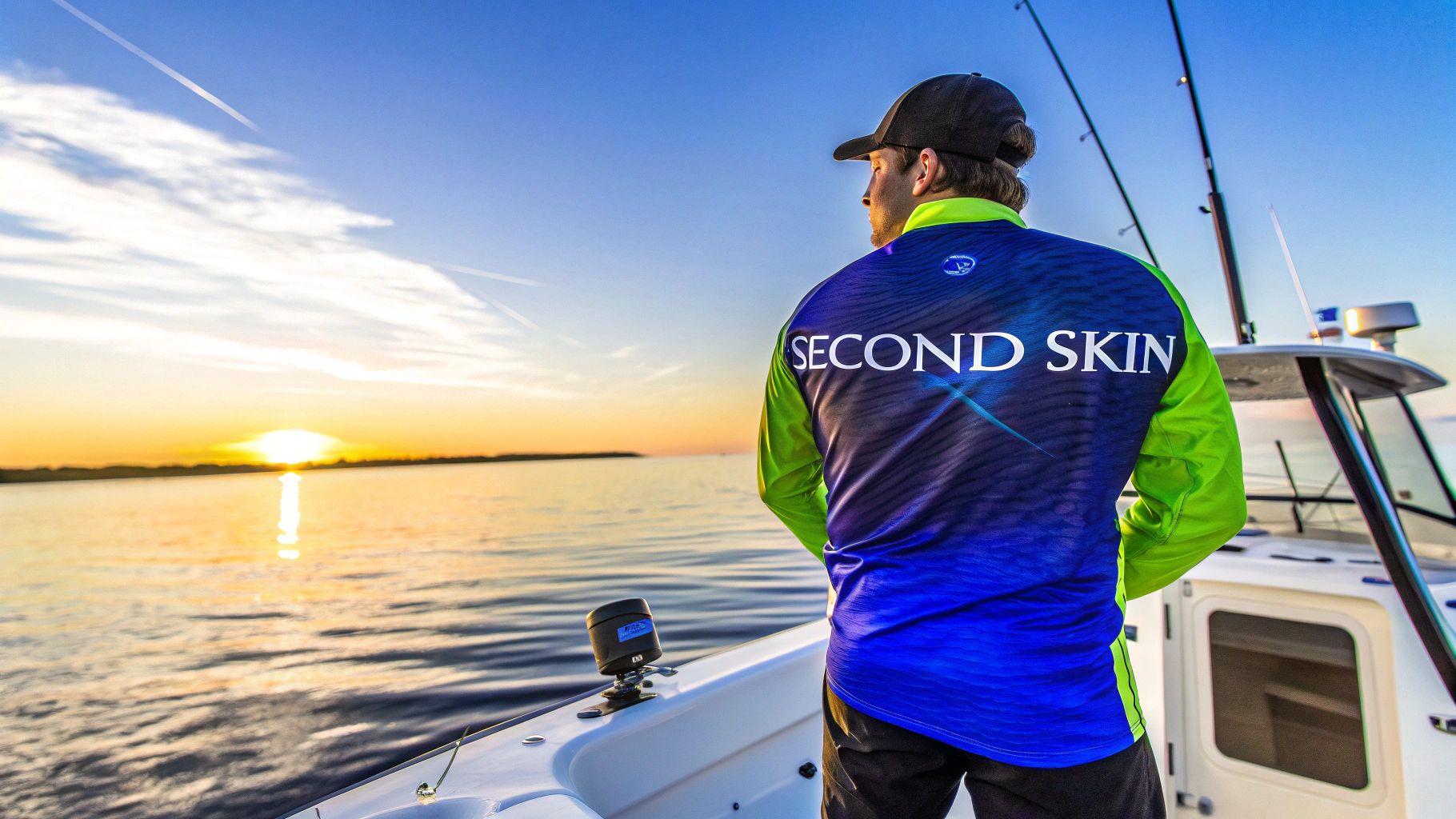 A fisherman wearing a men's fishing shirt while holding a large fish on a boat.
