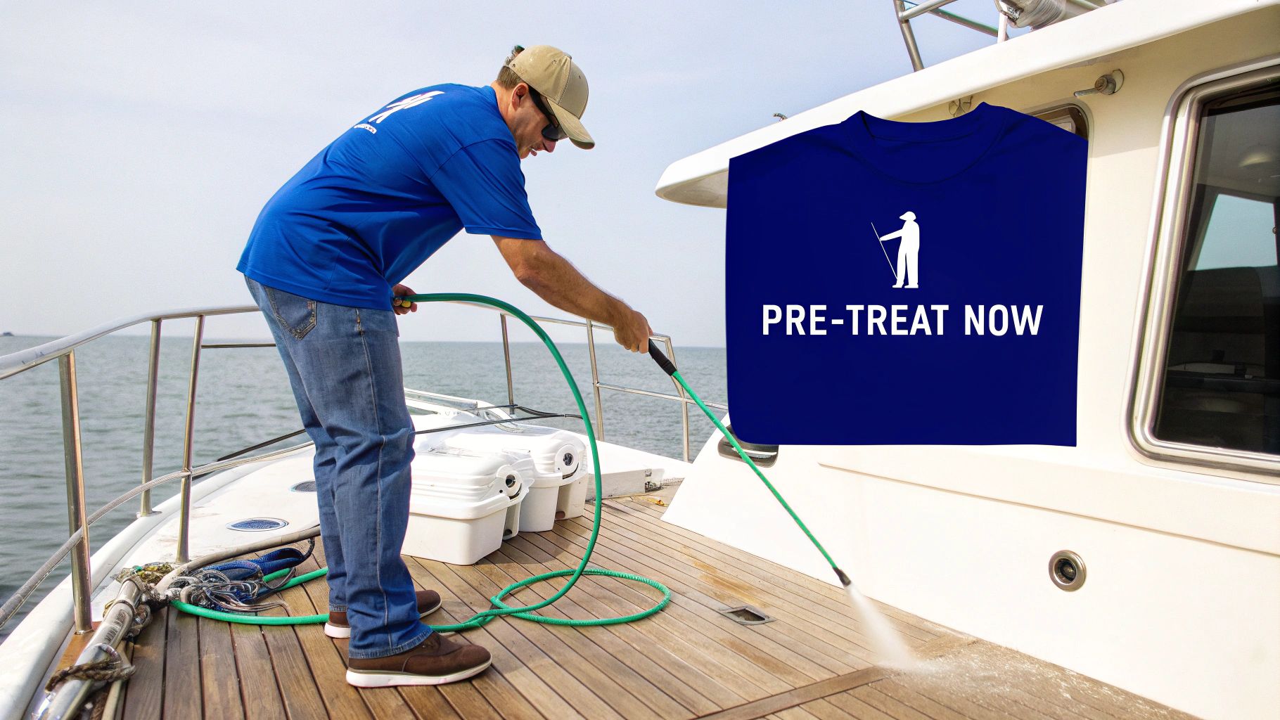 A man wearing a blue shirt and jeans power washes the wooden deck of a boat with a green hose.