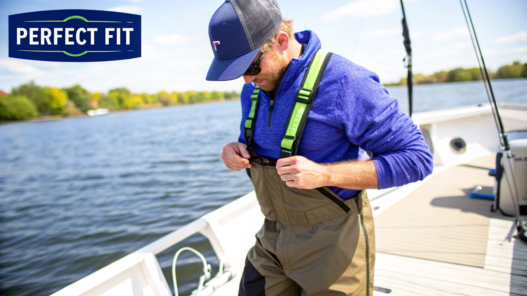 An angler wearing men's fishing bibs kneeling on the deck of a boat