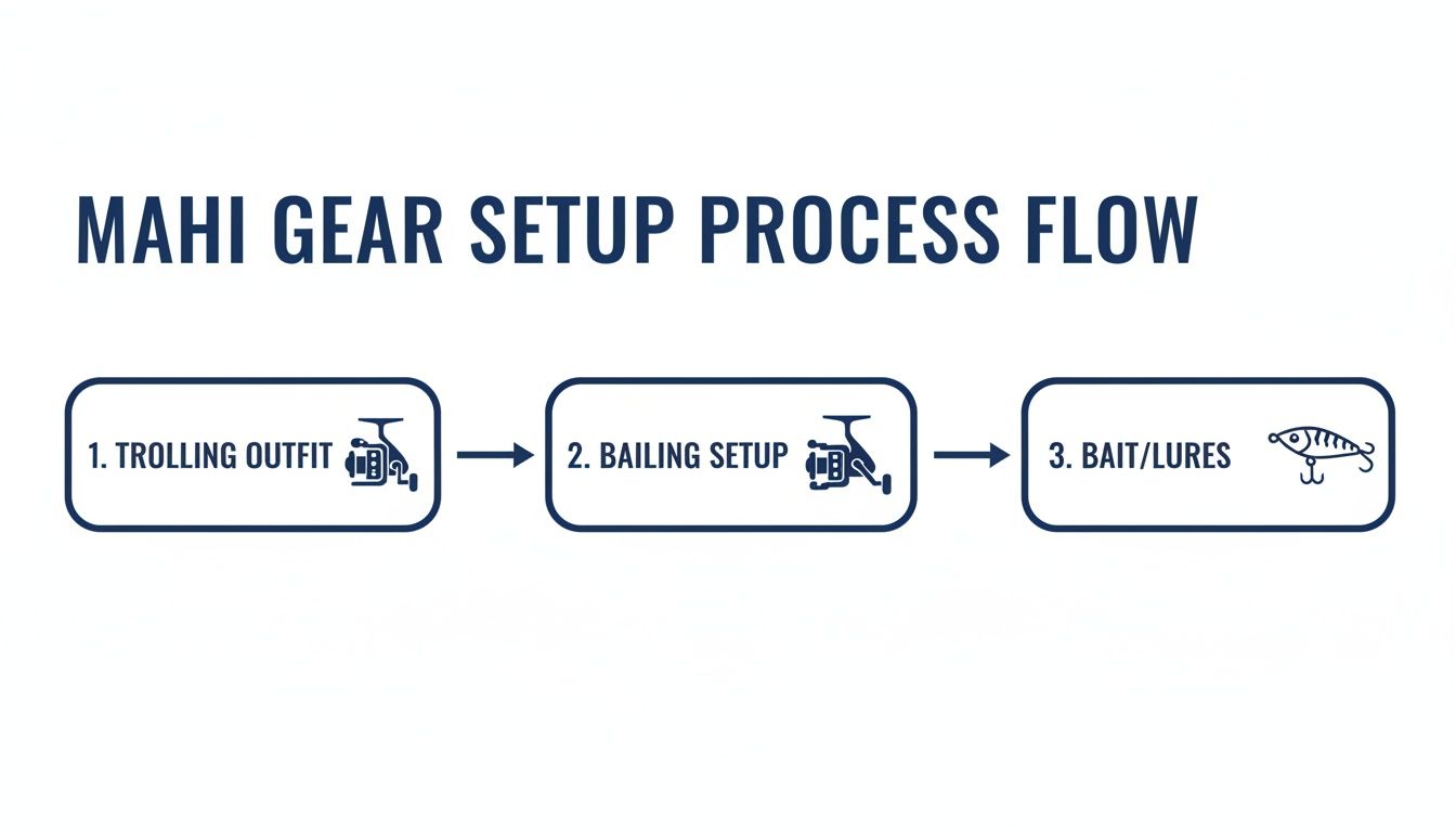 Diagram illustrating the Mahi gear setup process flow with three steps: Trolling, Bailing, and Bait/Lures.