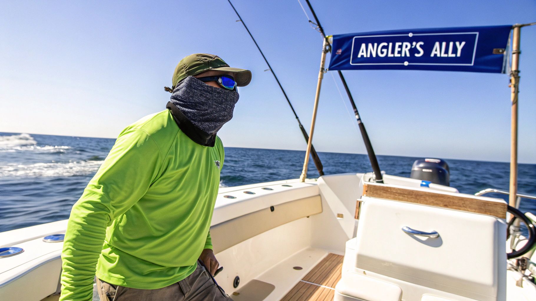 An angler in sun protection, including a neck gaiter, on a fishing boat.