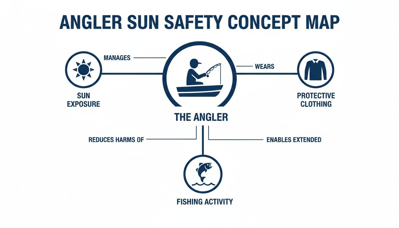Infographic illustrating an angler's sun safety, managing exposure and using protective clothing for fishing.