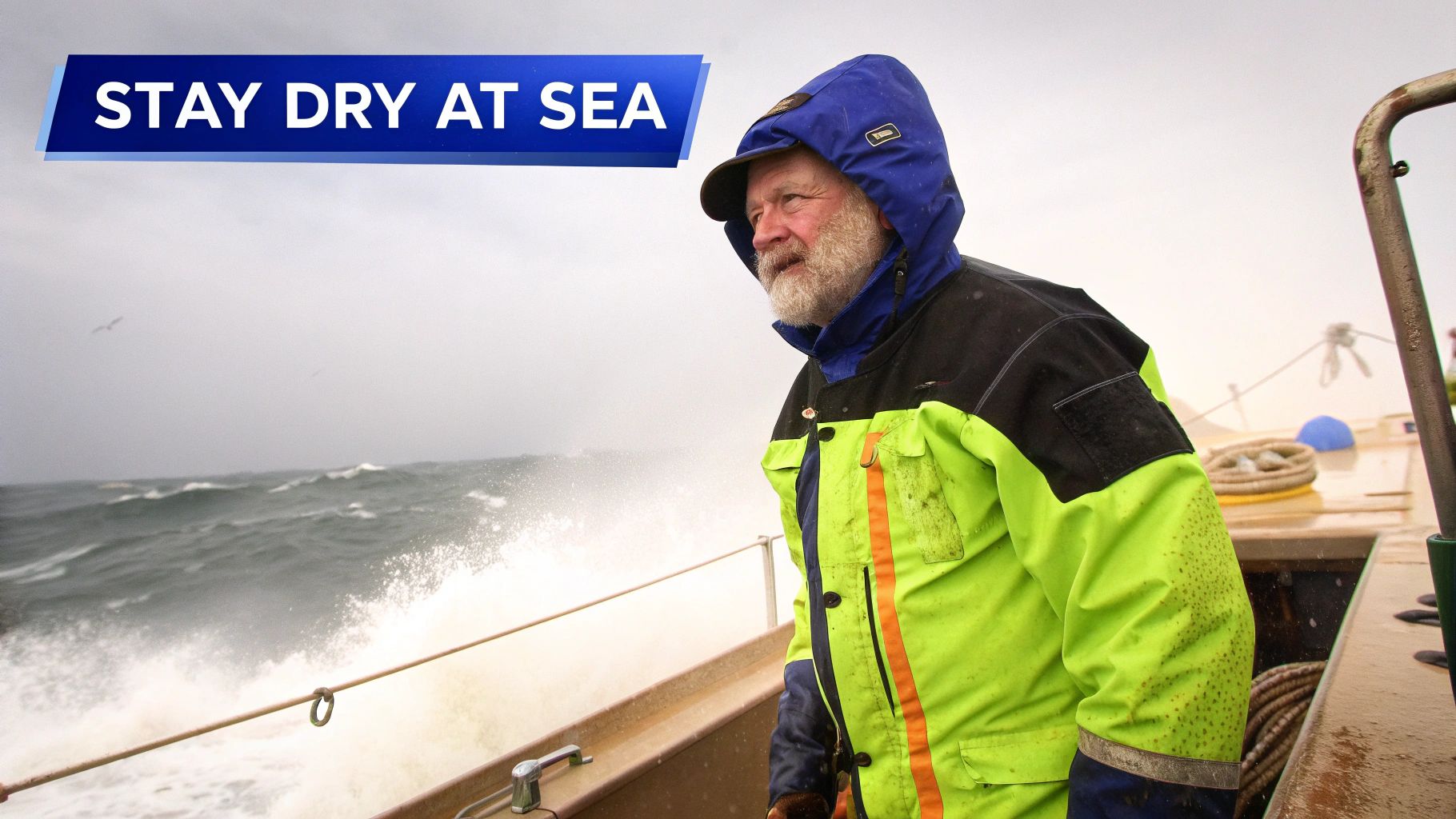 A man in full fishing rain gear holding a large fish on a boat.