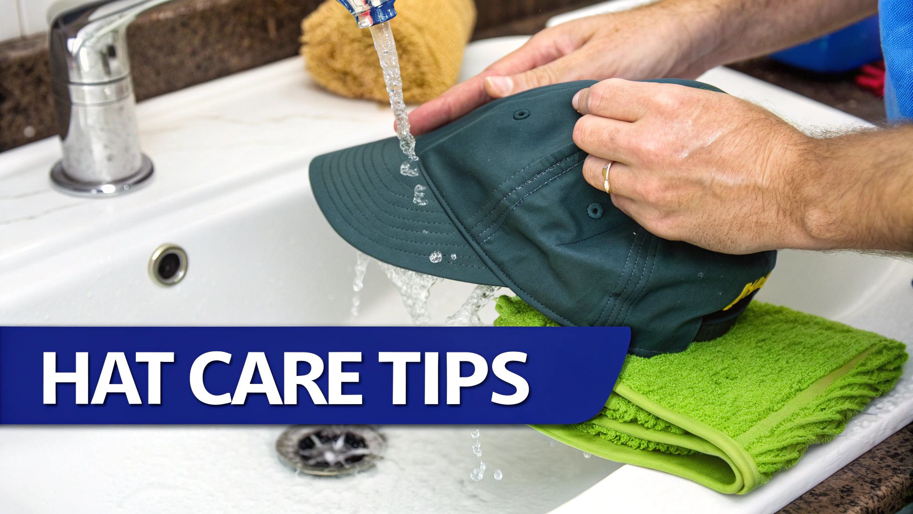 Hands washing a dark green baseball cap under running water in a white sink.