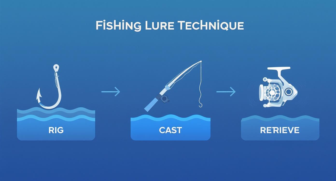 Three-step fishing lure technique diagram showing rig, cast, and retrieve methods for saltwater fishing