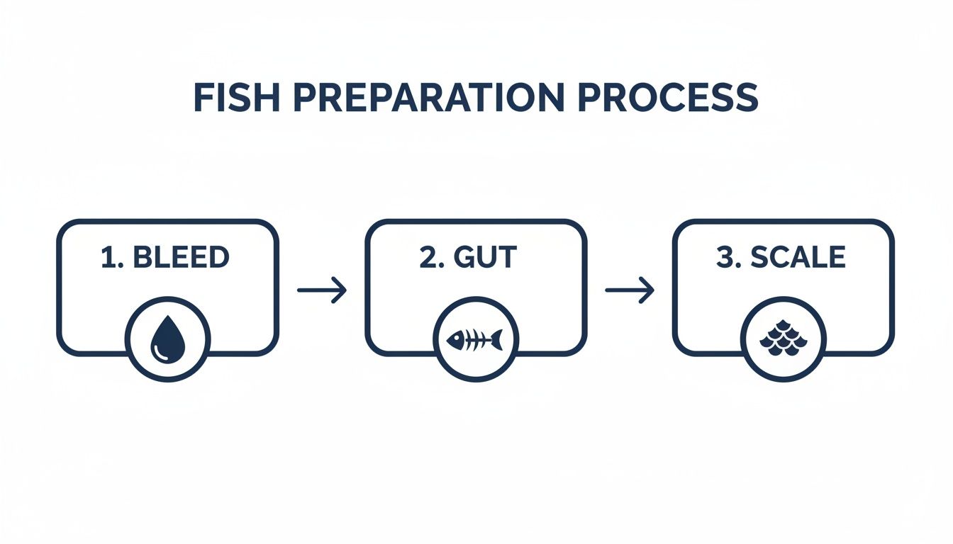 A clear flowchart illustrating the three essential steps for preparing fish: bleed, gut, and scale.