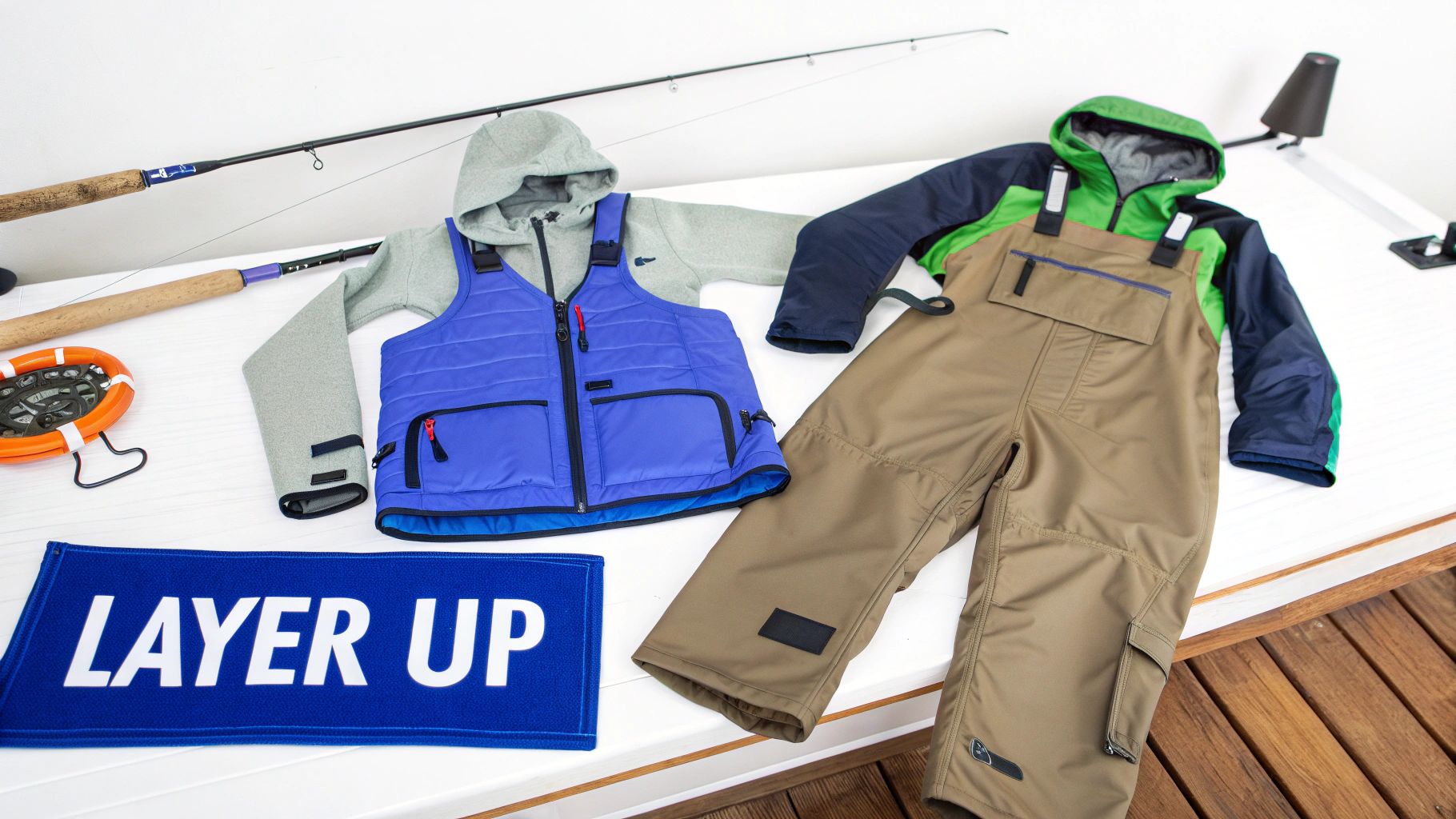 Performance fishing layered clothing, including jacket, vest, bib pants, fishing rods, and a life buoy.
