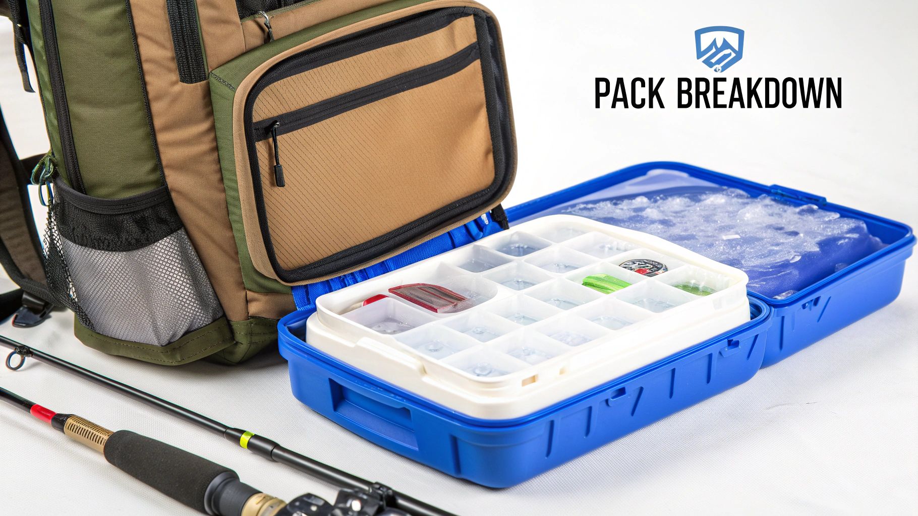 A fishing backpack in green and tan, an open tackle box with lures, a cooler, and a fishing rod.