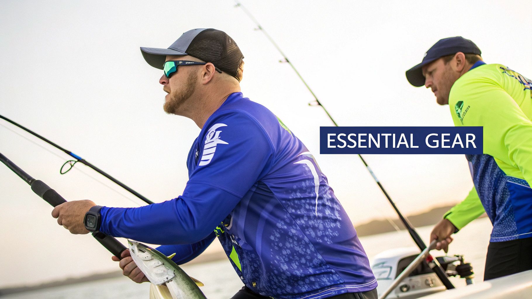 Two fishermen wearing UV protection fishing shirts and caps while holding fishing rods on boat