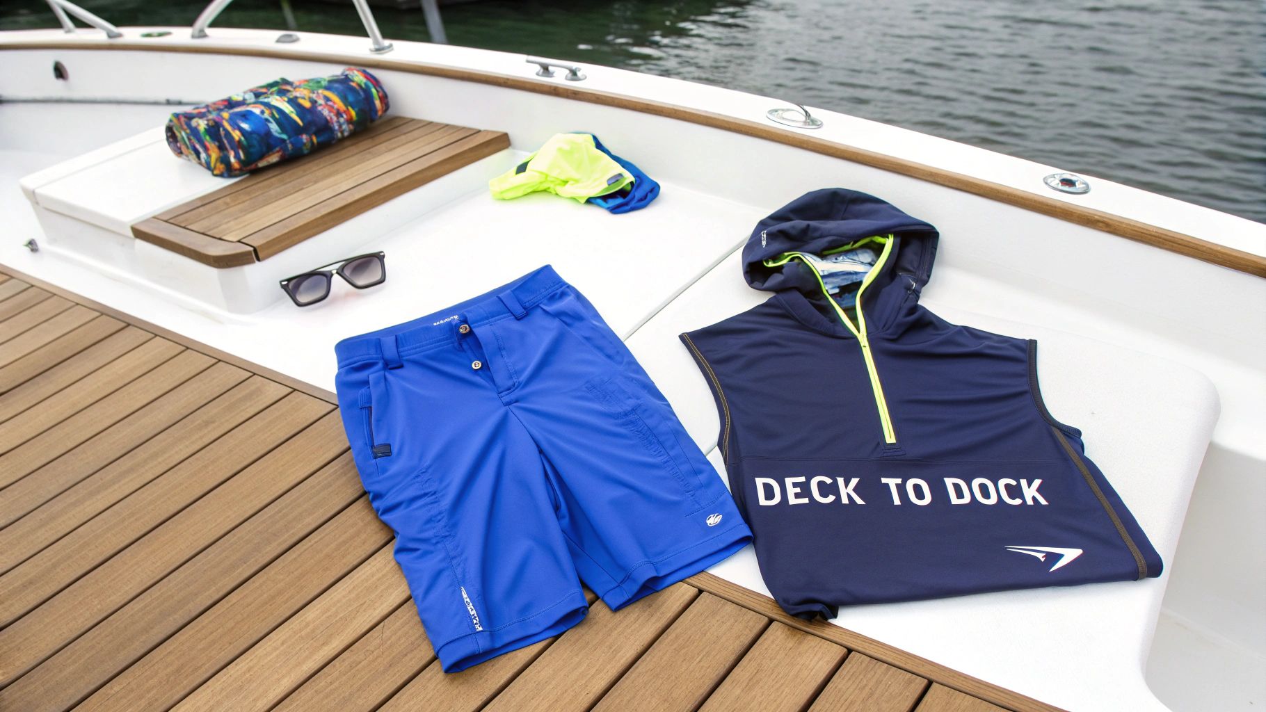 Boat deck with blue shorts, navy sleeveless hoodie, sunglasses, and a colorful towel.