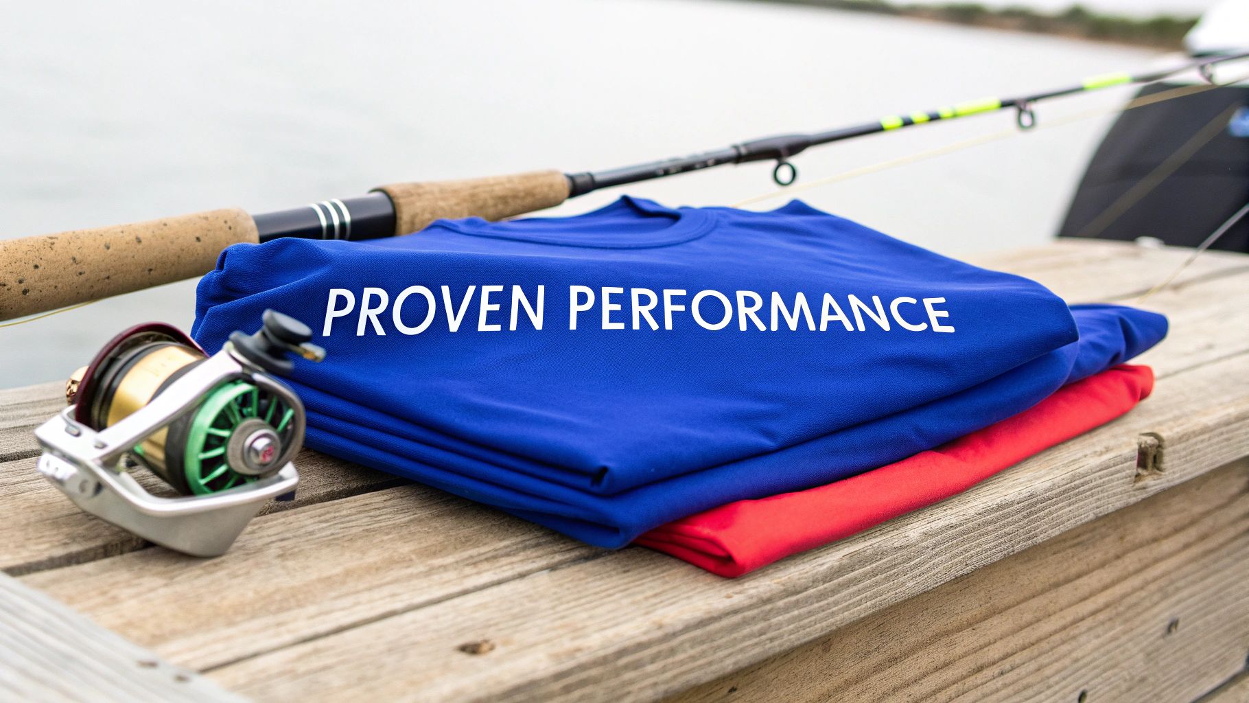 A man wearing a fishing t shirt on a boat