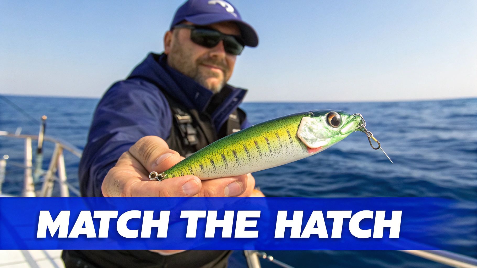 Fisherman holding green and silver fishing lure on boat in open ocean water