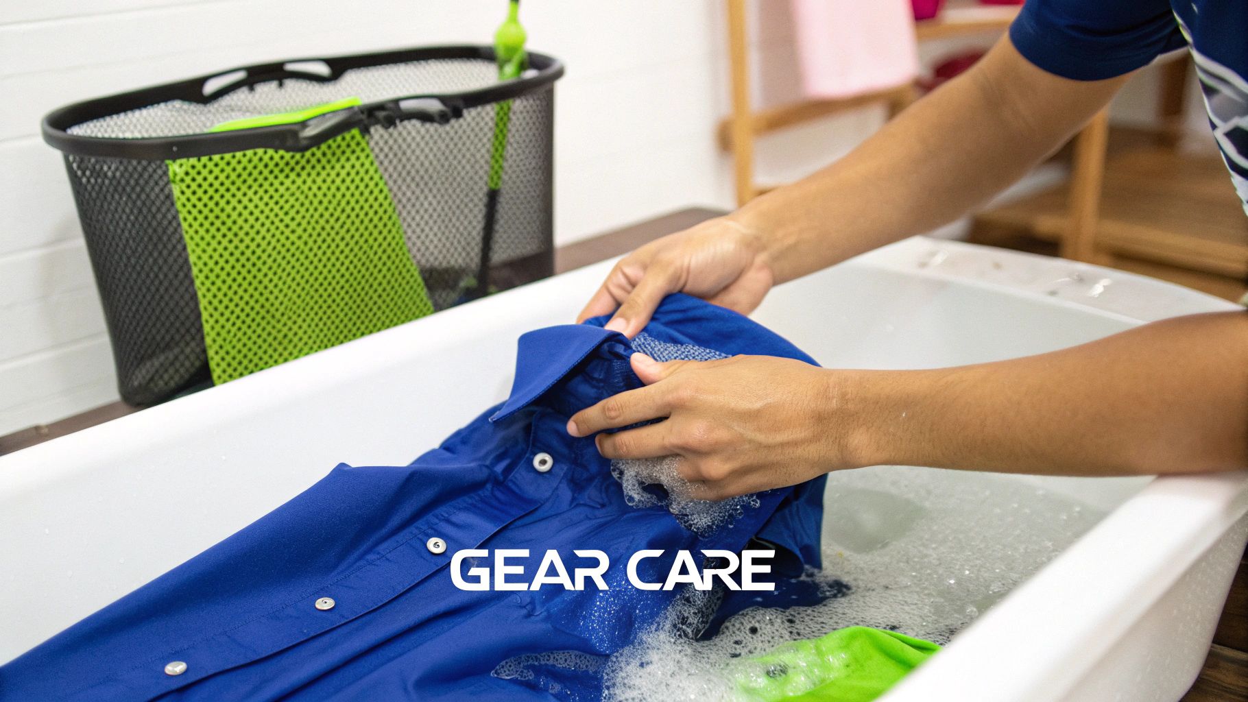 Person washing a performance fishing shirt in a sink.