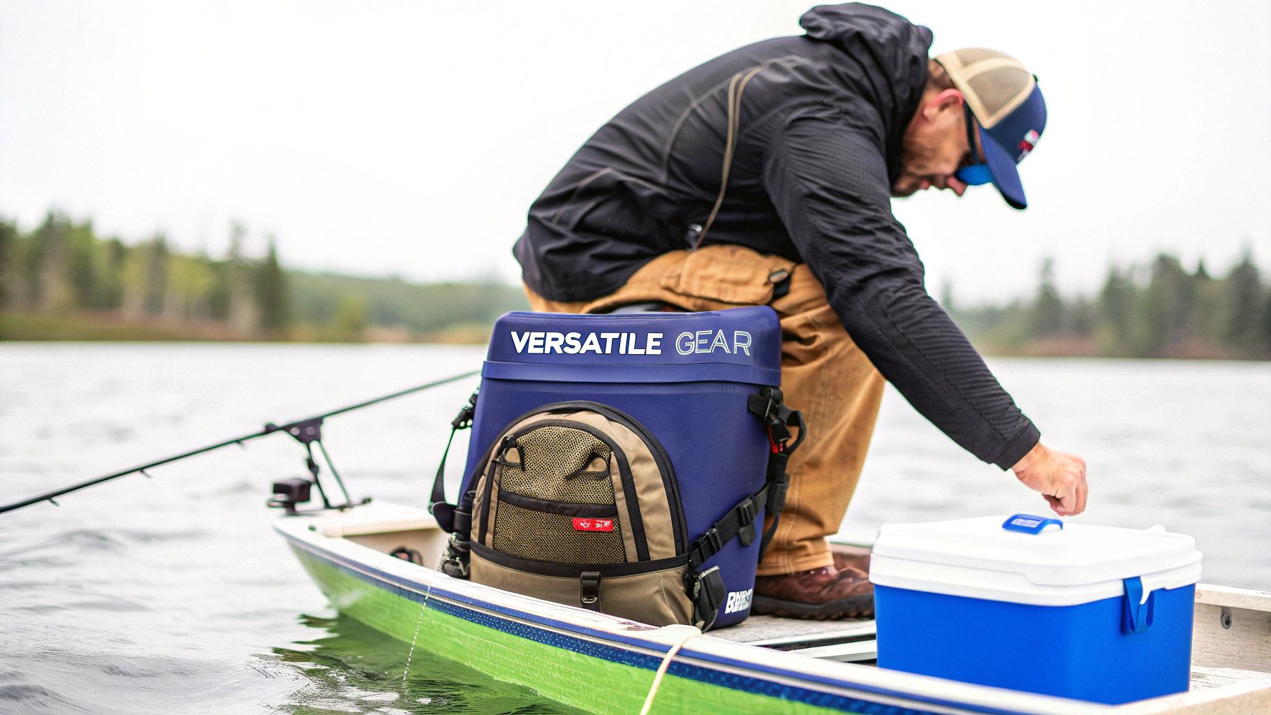 A fisherman on a boat reaches for a blue cooler next to his 'VERSATILE GEAR' backpack cooler.