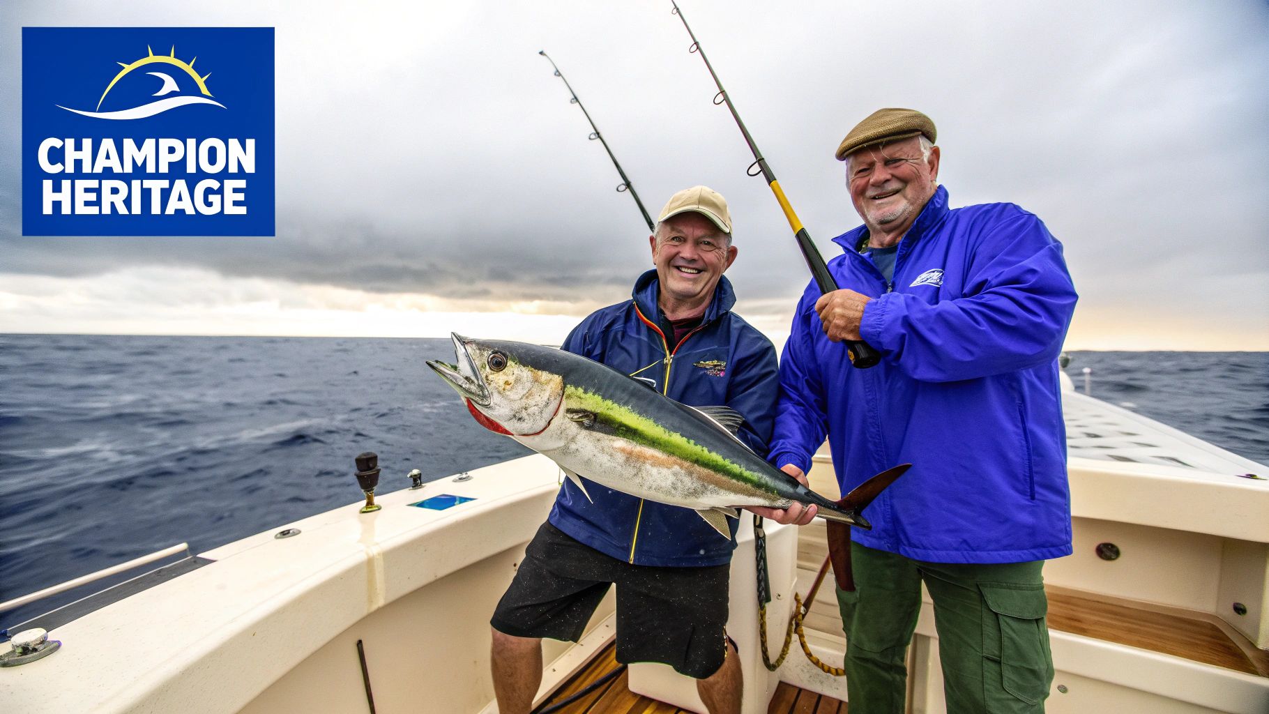 Ed and Frank Murray standing on a boat with a large marlin