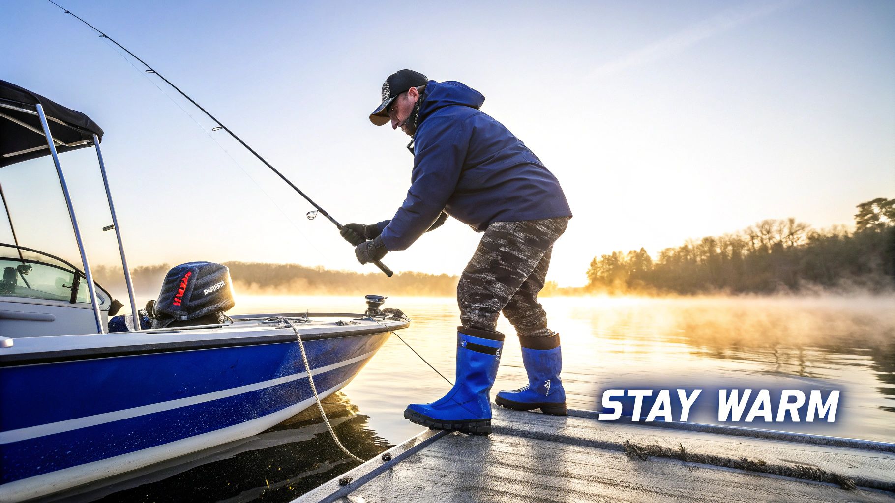 Angler wearing insulated boot covers on a slippery boat deck