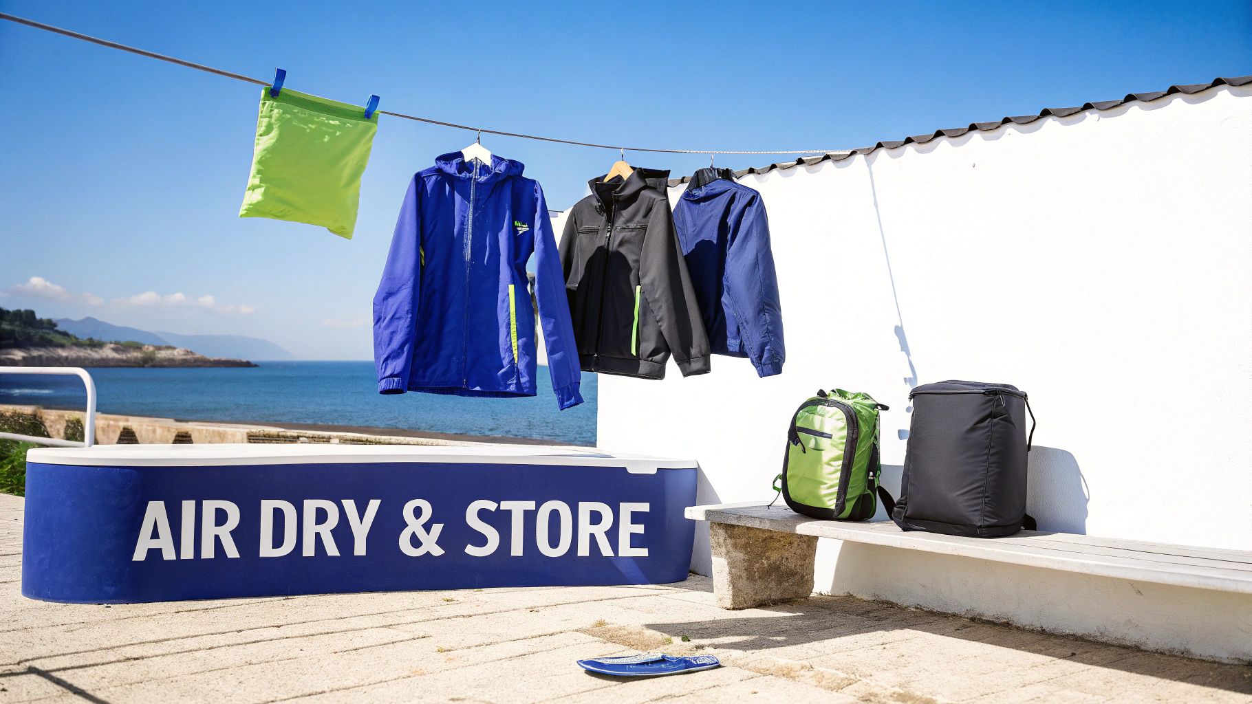 Outdoor gear, including jackets and bags, drying on a clothesline by the sea on a sunny day.