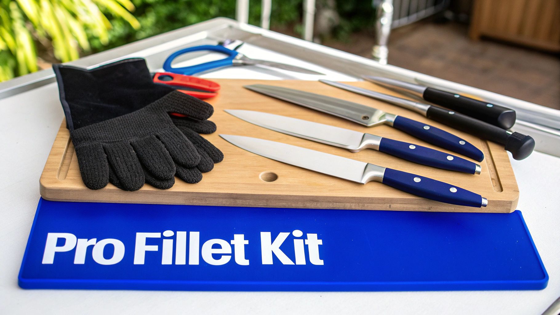 A complete Pro Fillet Kit featuring various knives, a protective glove, scissors, and a sharpening steel.