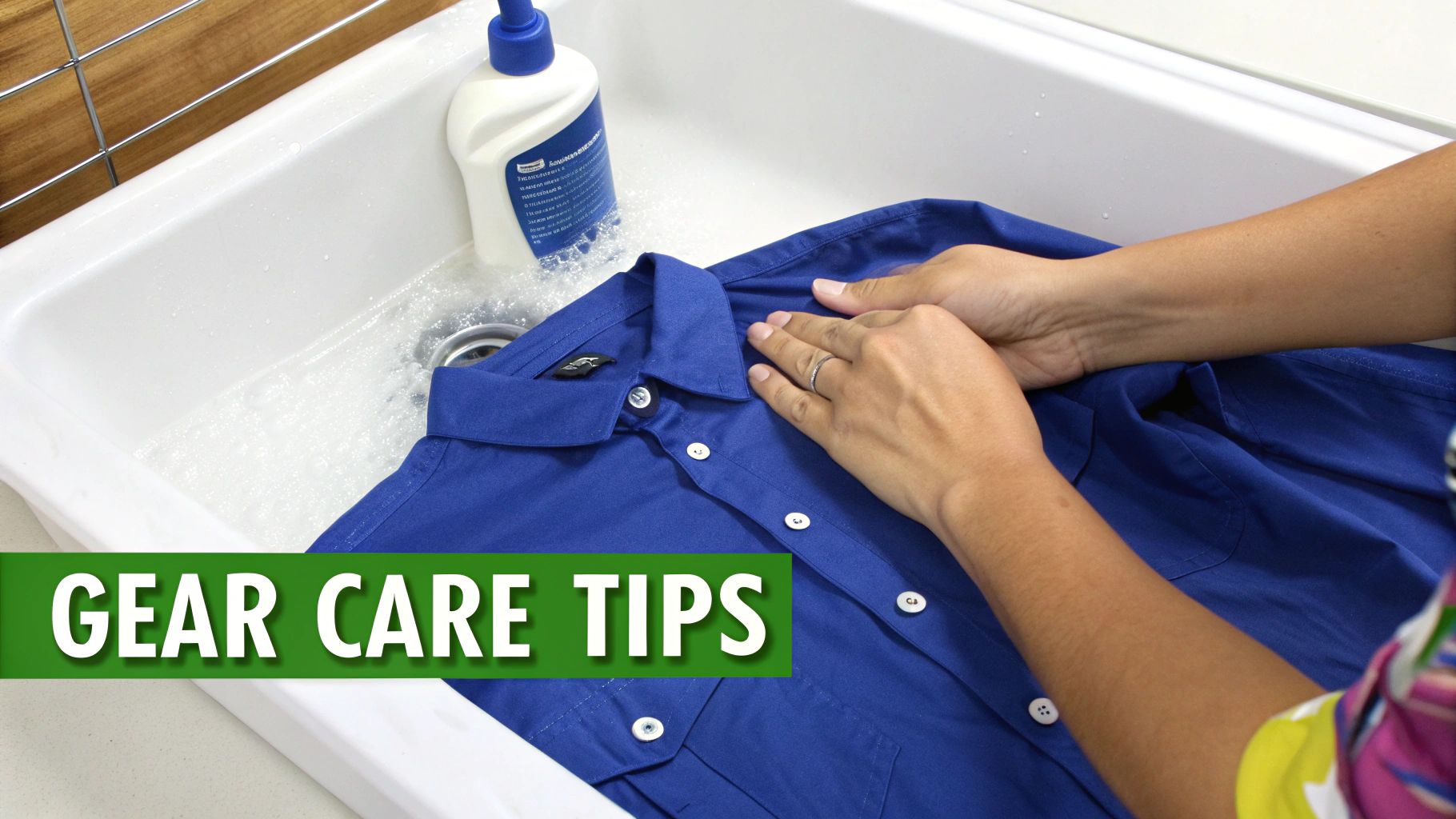 A person carefully folding a clean long-sleeve fishing shirt.