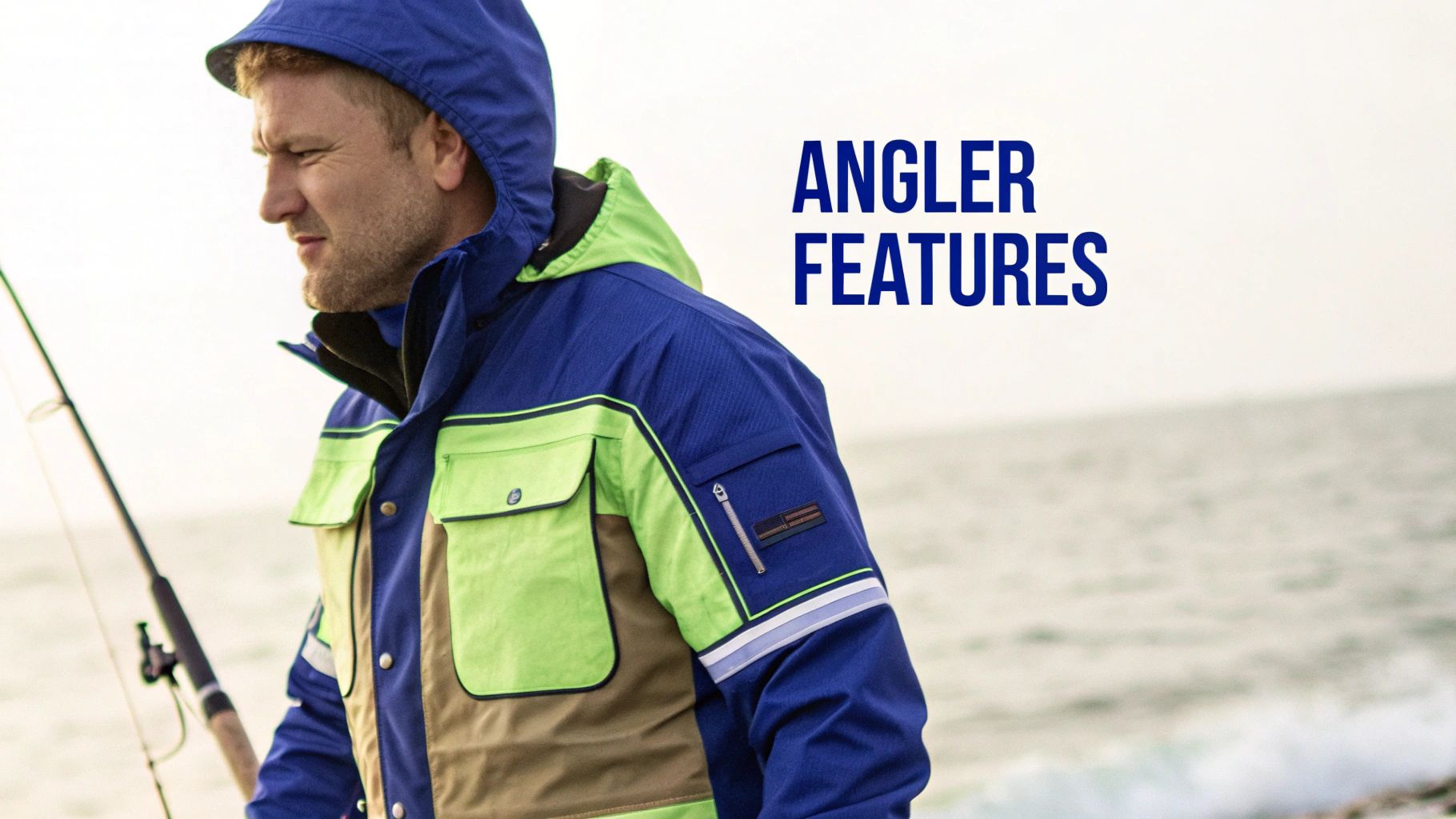 An angler wearing a waterproof fishing jacket in rough weather.