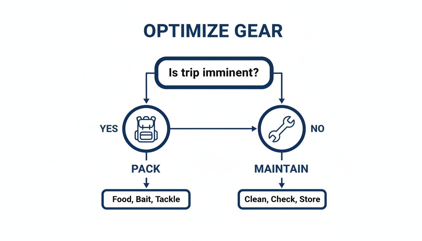 A flowchart for optimizing gear, detailing steps for packing before a trip or maintaining otherwise.