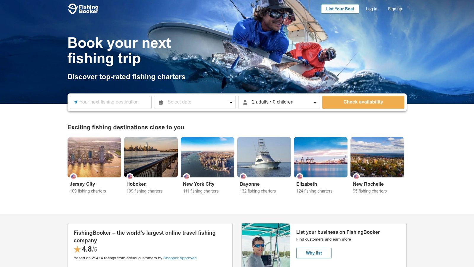 A screenshot of the FishingBooker website homepage, showing a search bar and featured fishing destinations.