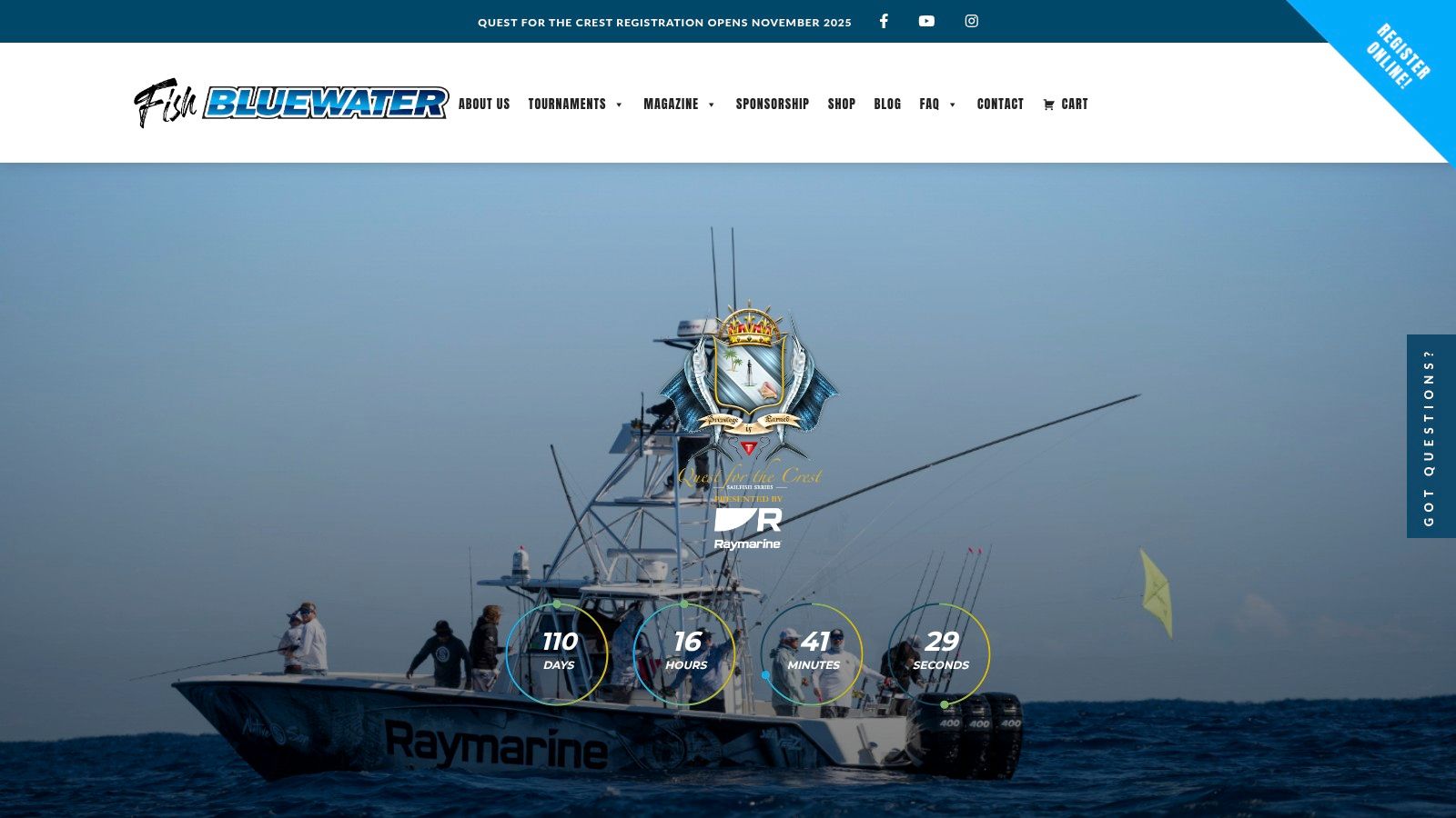 A screenshot of the Bluewater Movements website, showcasing upcoming tournaments and series information.