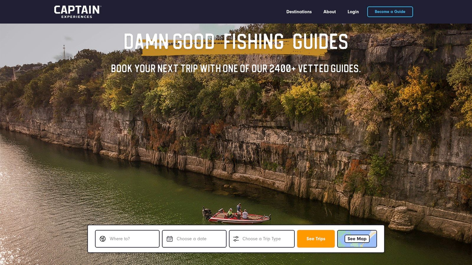 A screenshot of the Captain Experiences website, showing a map and filter options for finding fishing charters.