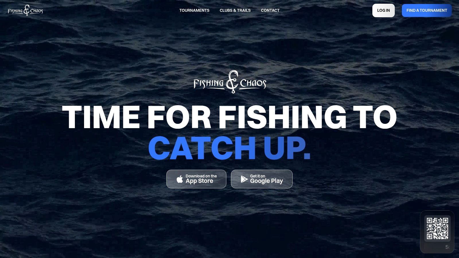 A screenshot of the Fishing Chaos website, showing a map with pins for tournament locations and a search interface.