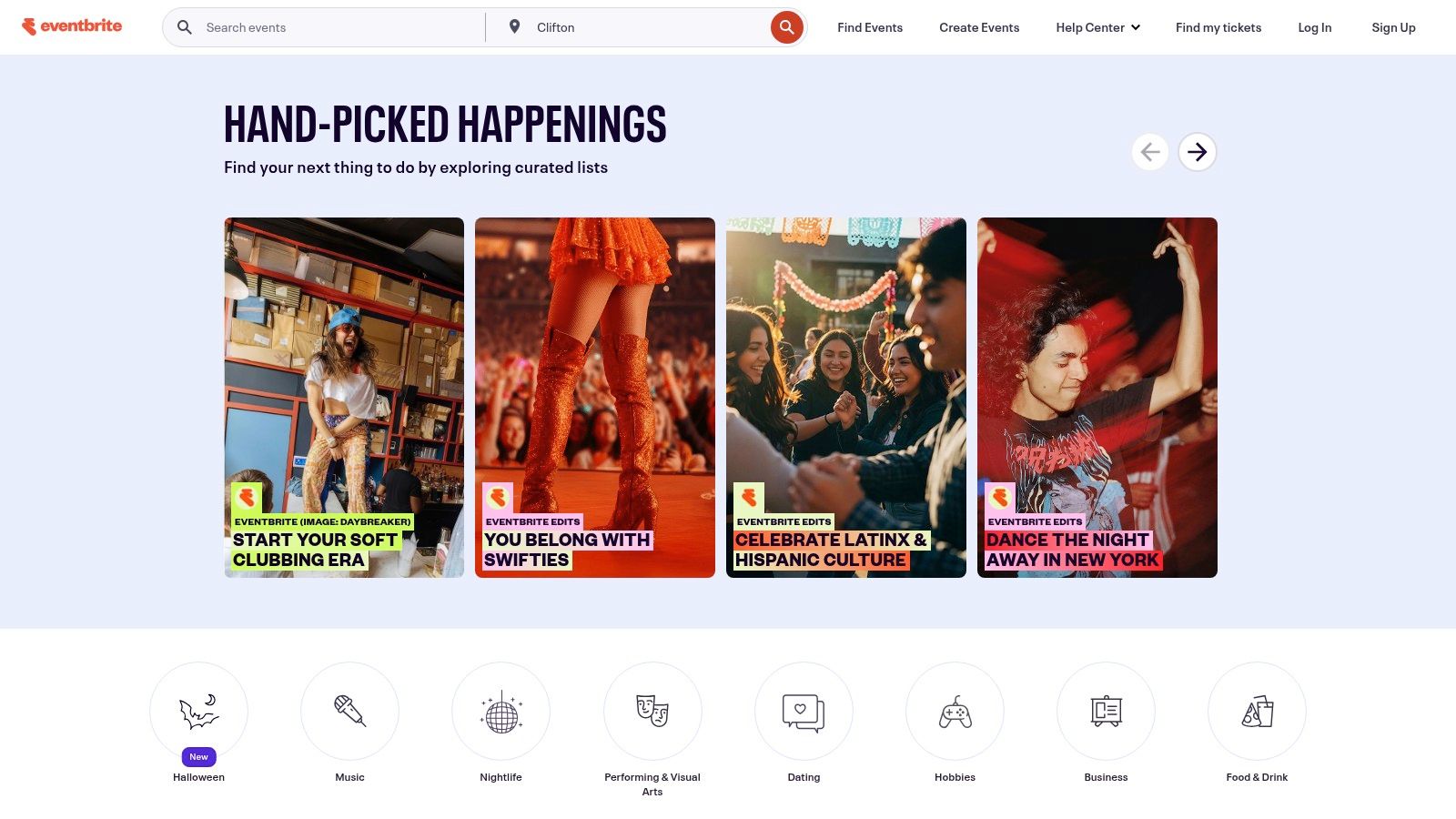A screenshot of the Eventbrite website, showing various event listings and a search function.