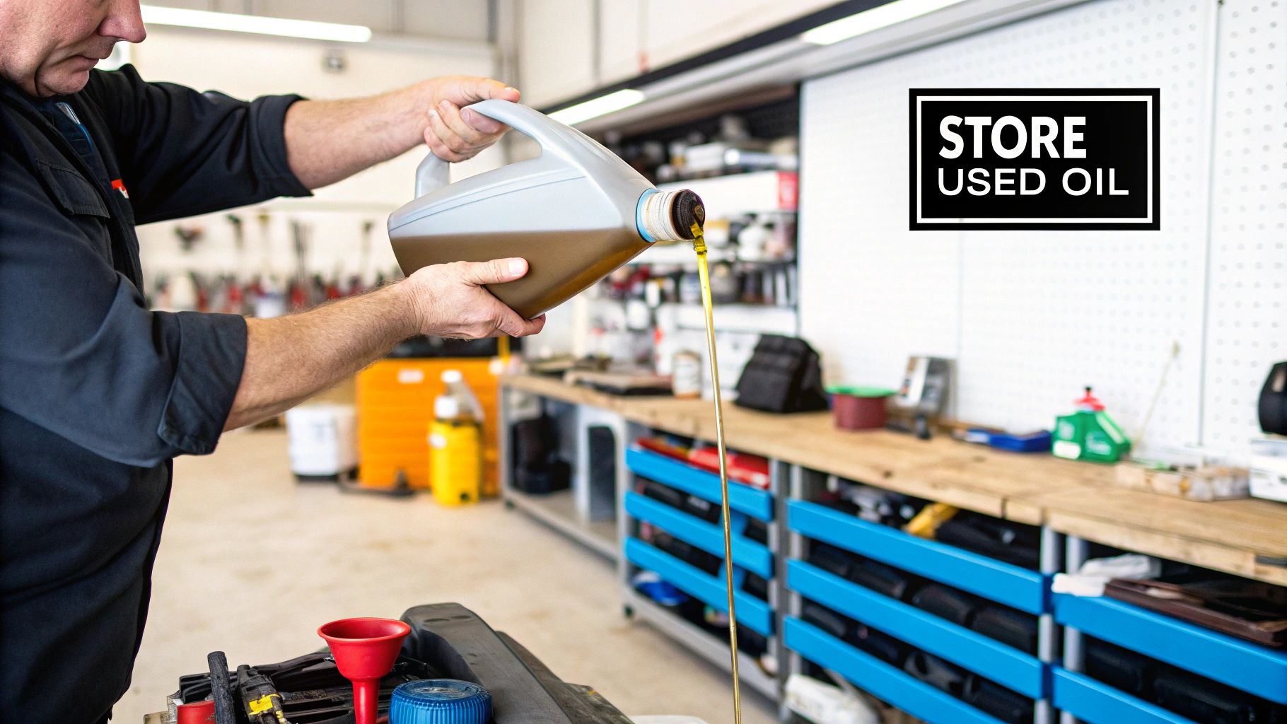 Person pouring used motor oil from a drain pan into a container.
