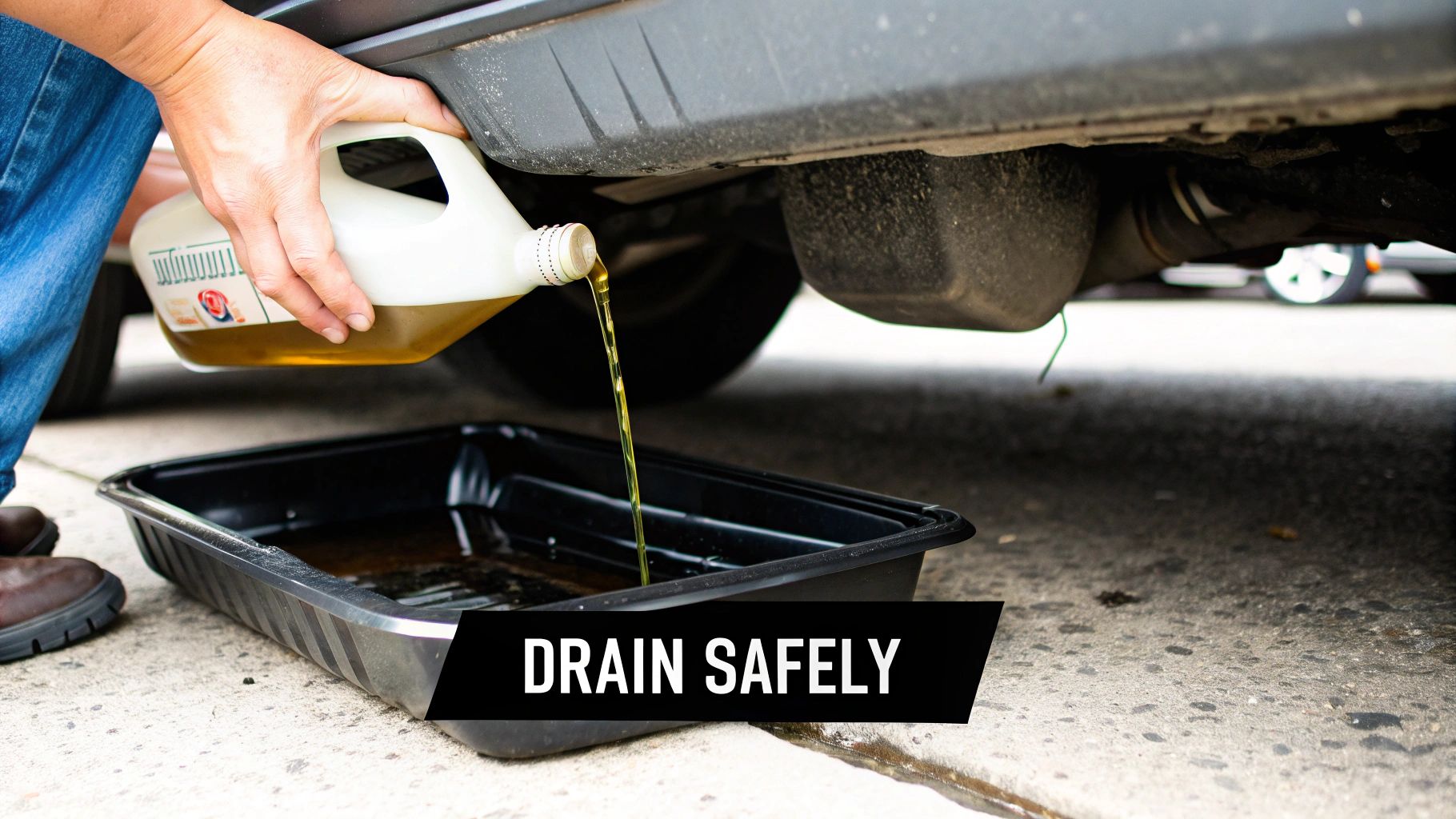 A mechanic carefully drains used motor oil from a car's sump into a black drain pan.