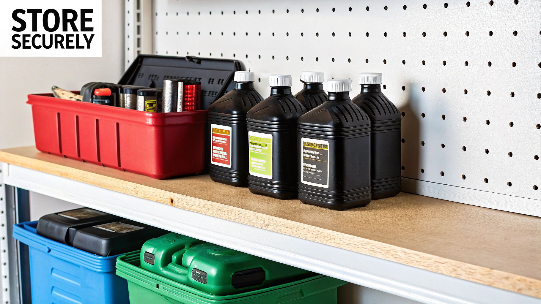 A sealed, clean container of used engine oil ready for transport, placed securely in the boot of a car.