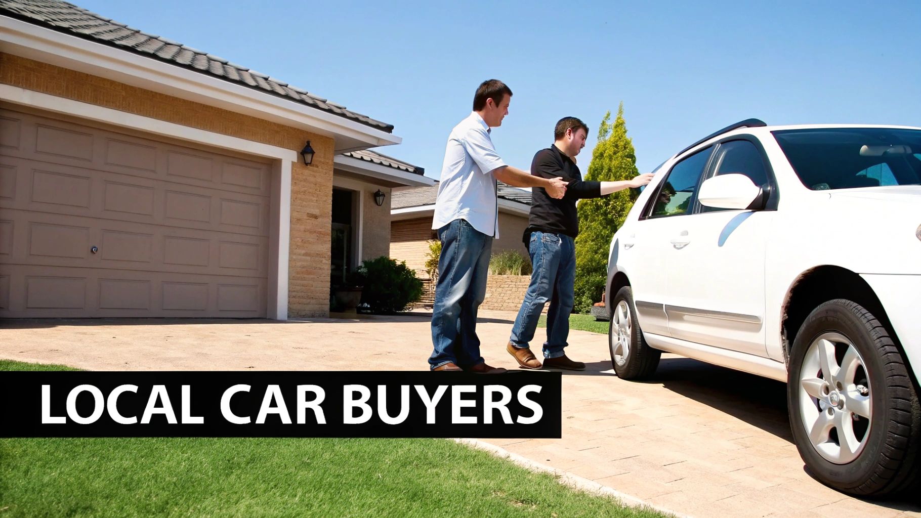A person inspecting a car's engine with a potential buyer looking on.