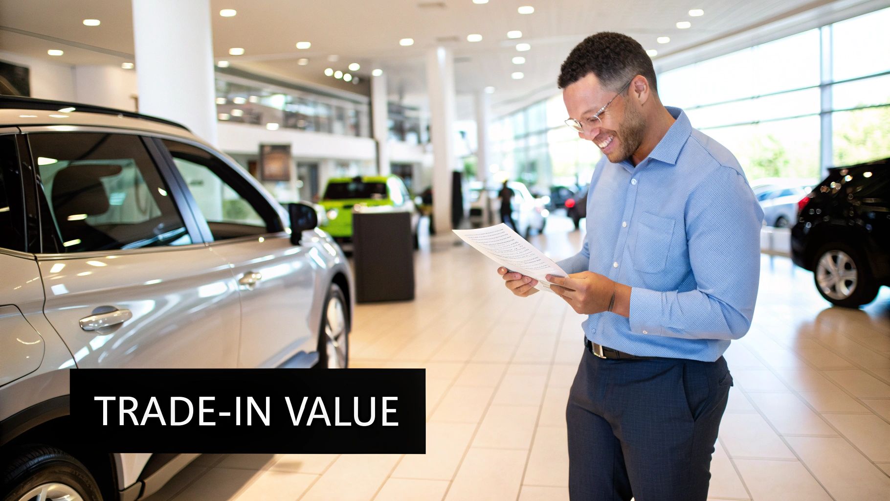 Two people shaking hands over a car deal at a dealership