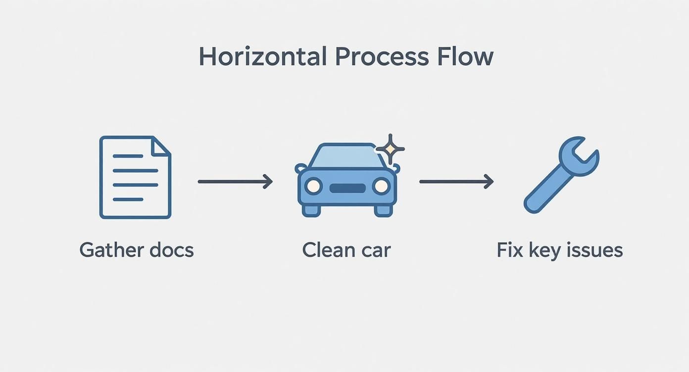 Infographic showing the car preparation process flow from gathering documents, to cleaning the car, and fixing key issues.